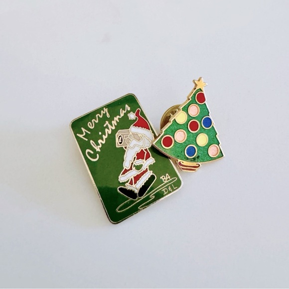Vintage Christmas Metal Glazed Enamel Lapel Pins, Rock & Roll Santa & XMAS Tree - Picture 1 of 13
